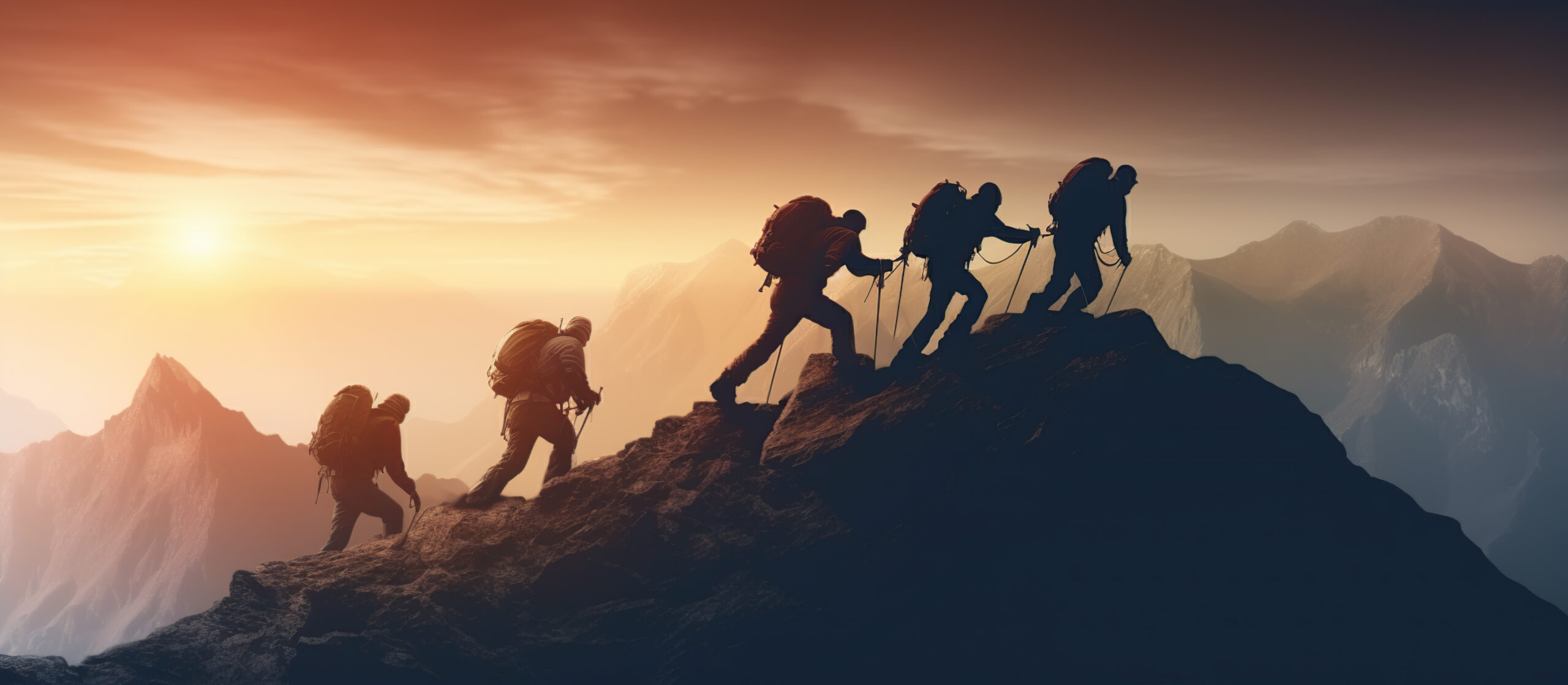 Group of people on peak mountain climbing helping team work